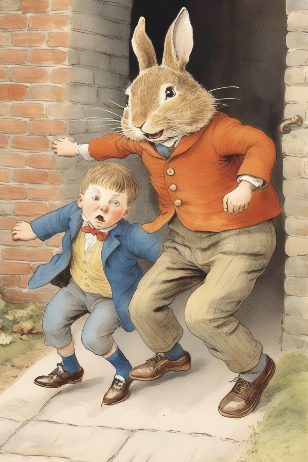<lora:Randolph Caldecott Style:1>Randolph Caldecott Style - little boy getting pushed to the ground by a school bully, illustrated in the style of beatrix potter