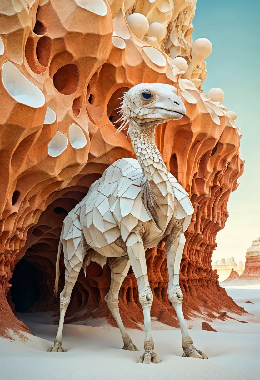 white desert oasis, salty earth, hyper detailed, rusty, striking, animalistic, bite-sized, by Floris van Schooten and by richard avedon, famous artwork inspired by (beeple:1.3) and (cliff nielsen:1.4), crystalline, fractal art, fantasy style, this peculiar life form, the "inquisitive plerkblortz" hides in the gnarling dense crystal jungles of the puffalorpled exoplanet "gazorpazorp secundus", covered in a metallic exoskeleton it ambushes its prey with (long crystalline appendages:1.4), dark, shadows, black, shadow hues, highly artistic, highly painterly, harmonic colors, expressive, ultimate aesthetic level, visible brushstrokes, masterclass artistry, vibrant energy, apocalyptic mood, atmospheric haze and dense fog, strong winds, highly aesthetic, otherworldly, limited palette, faded colors, washed out colors, extremely dark, extremely low key lighting, dark shadows, perfect composition, full panoramic shot