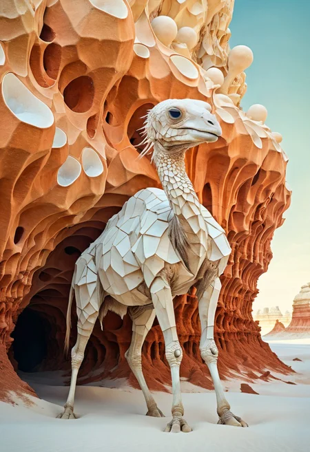 white desert oasis, salty earth, hyper detailed, rusty, striking, animalistic, bite-sized, by Floris van Schooten and by richard avedon, famous artwork inspired by (beeple:1.3) and (cliff nielsen:1.4), crystalline, fractal art, fantasy style, this peculiar life form, the "inquisitive plerkblortz" hides in the gnarling dense crystal jungles of the puffalorpled exoplanet "gazorpazorp secundus", covered in a metallic exoskeleton it ambushes its prey with (long crystalline appendages:1.4), dark, shadows, black, shadow hues, highly artistic, highly painterly, harmonic colors, expressive, ultimate aesthetic level, visible brushstrokes, masterclass artistry, vibrant energy, apocalyptic mood, atmospheric haze and dense fog, strong winds, highly aesthetic, otherworldly, limited palette, faded colors, washed out colors, extremely dark, extremely low key lighting, dark shadows, perfect composition, full panoramic shot
