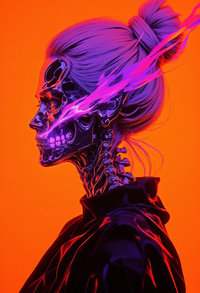 A surreal digital artwork portraying a woman with a transparent head and neck, revealing an intricate skeletal structure within. The glossy metallic gray skull is exquisitely detailed, showcasing the teeth, nasal cavity, and ear structures with precision. Emanating from the skull is a swirling, ethereal aura of vivid purple, pink, and orange hues, blending seamlessly into the vivid orange background, which creates a striking contrast against the darker tones. Her hair is styled into a high, sleek bun, complementing her smooth, pale skin that reflects an almost unreal perfection. She wears a high-necked black garment visible at the base of her neck, grounding the fantastical elements in subtle realism. The texture contrasts are masterfully rendered—her glossy skin and hair juxtaposed with the matte metallic finish of the exposed skeleton. This fusion of organic and inorganic forms merges hyperrealism and surrealism, crafting a mesmerizing balance between beauty and the macabre. (bo-neon, aidmaHyperrealism, sss, translucent, ne0nfant4sy)
