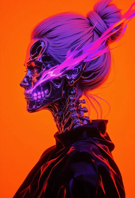 A surreal digital artwork portraying a woman with a transparent head and neck, revealing an intricate skeletal structure within. The glossy metallic gray skull is exquisitely detailed, showcasing the teeth, nasal cavity, and ear structures with precision. Emanating from the skull is a swirling, ethereal aura of vivid purple, pink, and orange hues, blending seamlessly into the vivid orange background, which creates a striking contrast against the darker tones. Her hair is styled into a high, sleek bun, complementing her smooth, pale skin that reflects an almost unreal perfection. She wears a high-necked black garment visible at the base of her neck, grounding the fantastical elements in subtle realism. The texture contrasts are masterfully rendered—her glossy skin and hair juxtaposed with the matte metallic finish of the exposed skeleton. This fusion of organic and inorganic forms merges hyperrealism and surrealism, crafting a mesmerizing balance between beauty and the macabre. (bo-neon, aidmaHyperrealism, sss, translucent, ne0nfant4sy)