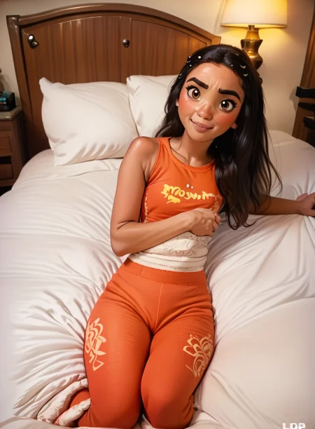 l0r4d0p0rn, , score_9, score_8_up, score_7_up, score_6, score_5, score_4, princess, Moana\(disney\), <lora:princess_pony_v1:0.85> 22 yearold girl,, <lora:AA_Ads_Only:1> <lora:LDP_1.5:1> leggings,rating safe,lamp,on bed,pillow