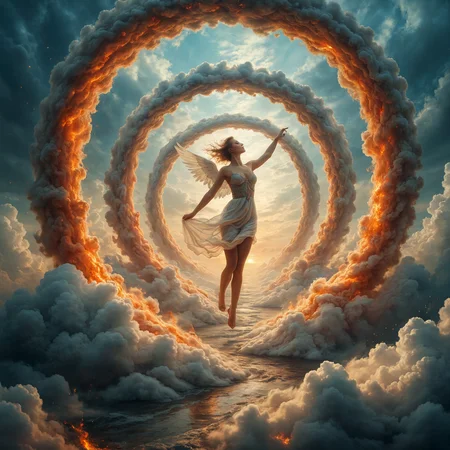 Fantasy style. Fantasy dreamlike art.

An angel in the clouds.

Endless spiral of firey cloud, climbing into the sky. 

<lora:Endless01_CE_XL_200-OT:0.6> endlsCE_style
