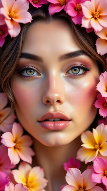 A supermodelâs face close-up surrounded by delicate, colorful flower petals. Her makeup is soft, with a subtle blush and pastel tones on her eyeshadow that match the colors of the petals. Her skin appears flawless and luminous, and tiny flowers are delicately placed along her cheekbones and forehead. Her expression is gentle, giving her a fairy-like, ethereal quality as if sheâs part of the blooming flora around her,<lora:BetterPortraits:0.7>, jedjv1, <lora:JedJourney_epoch_7:0.3>