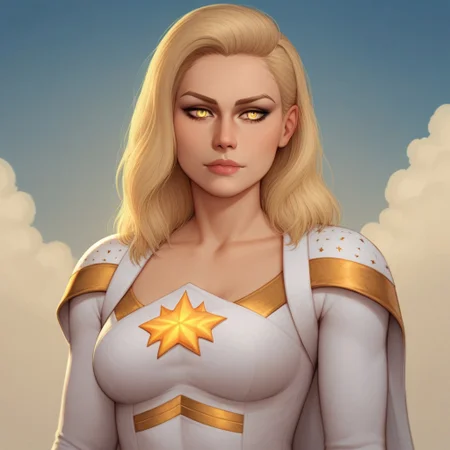 2d, score_9, score_8_up, score_7_up, score_6_up, score_5_up, score_4_up, Expressiveh, 1 girl, solo, intricate details, rating_adult, Expressiveh, WJS07style. starlight, blonde hair, beautiful woman, glowing_yellow_eyes, starlight_costume, sky background, clouds. sunshine in background.