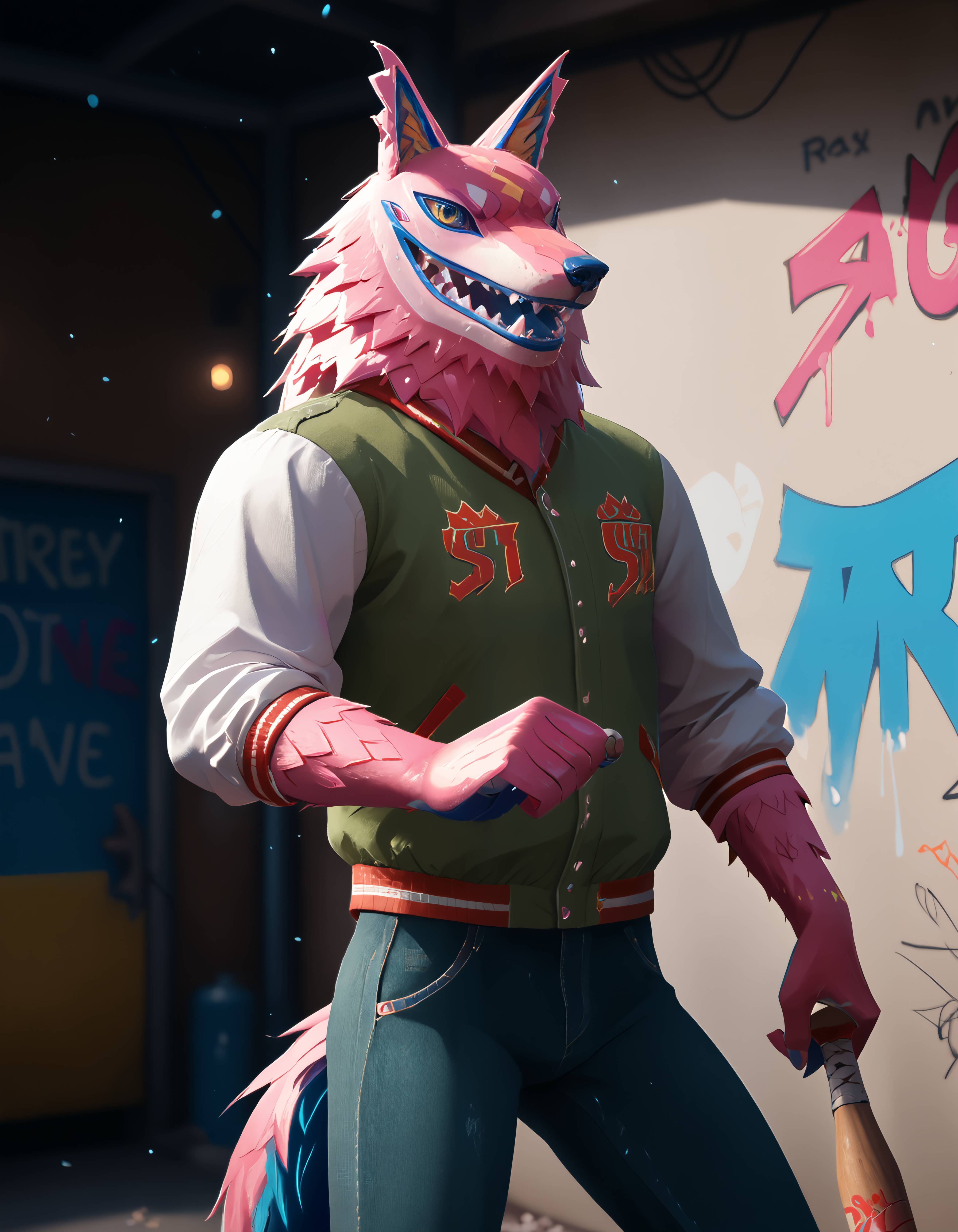 score_9, score_8_up, score_7_up, rating_safe, source_furry, detailed, cinematic lighting, particles, shadow, decals, masterpiece, best quality, ultra realistic, 4k, 2k, film photography, RAW photo, photorealistic, analog style, subsurface scattering, photorealism, <lora:add-detail-xl:3.0>, <lora:2.5DRealisticV2.safetensors:0.35>, <lora:sinfully_stylish_SDXL.safetensors:1.0>, <lora:AdvancedEnhancerXLv2.safetensors:1.0>, dutch angle, anthro, furry, <lora:fortnite_Andy_Fangerson.safetensors:1.0>, Andy Fangerson, (hold baseball bat on shoulder:1.1), wolf, wolf Alebrije, pink fur, blue nose, red Scalera, yellow pupil, no iris, wolf ears, wolf tail, blue tongue, blue pawpads, claws, Jacket, denim pants, upper body, vibemix <lora:Vibemix_Color_Style_PonyXL:1.0>, (graffiti, decals, stickers, paint:1.05), _random-pose__, determined,