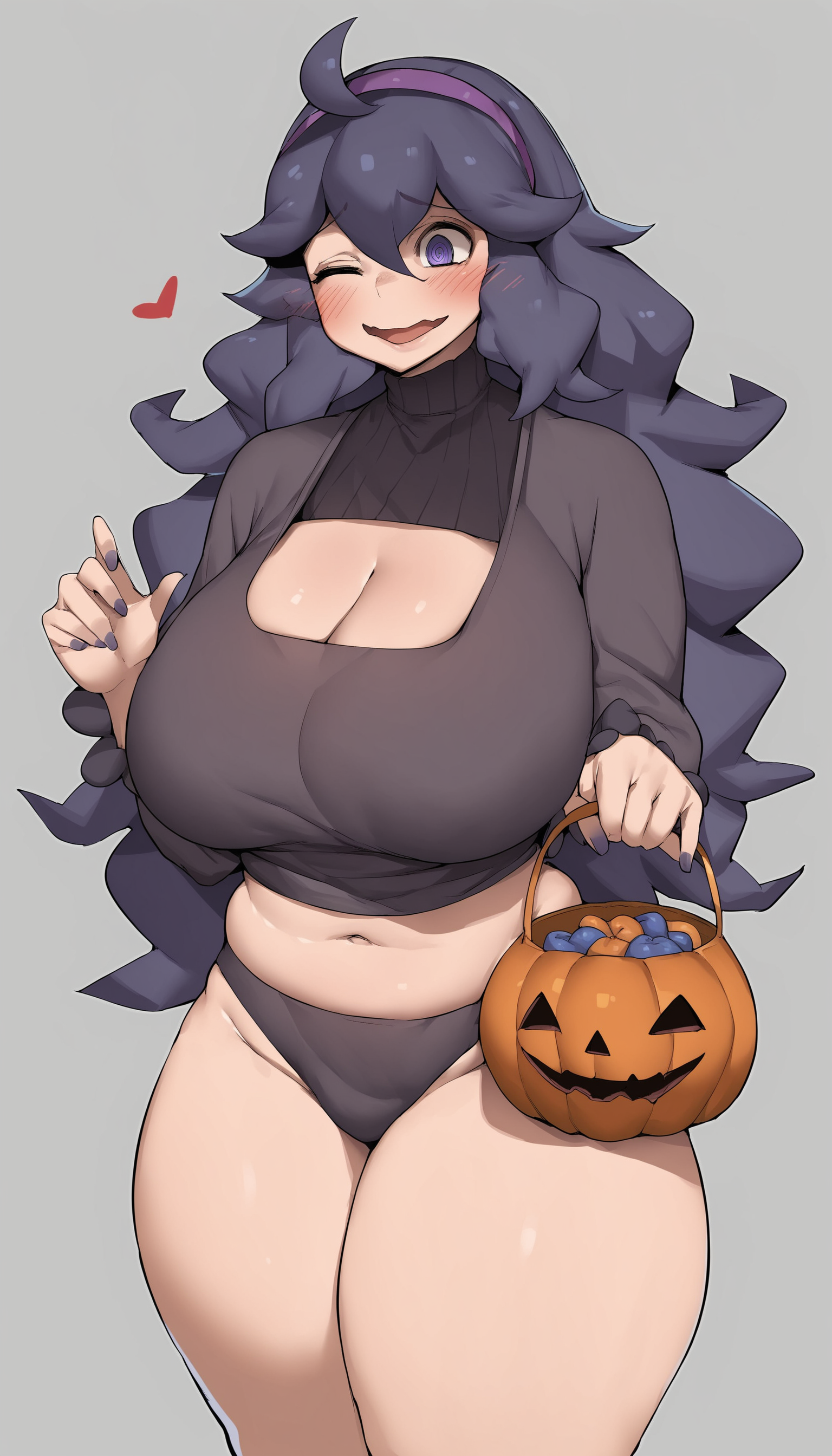 score_9,score_8_up,score_7_up,rating: general,1girl,solo,long hair,blush,open mouth,large breasts,simple background,navel,cleavage,purple eyes,closed eyes,purple hair,heart,thighs,hairband,one eye closed,grey background,turtleneck,curvy,halloween,alternate breast size,plump,jack-o'-lantern,halloween bucket,holding bucket,hex maniac (pokemon),<lora:bobtheneet_Elijahzx_style__Pony_XL:1>,