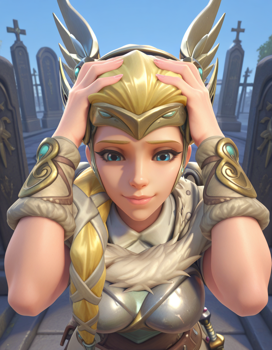 Masterpiece, high-res, 2k, best quality, 2.5d, 1girl, valkyrie mercy, mercy (overwatch) <lora:valk_mercy_illus-000043:1> With hands on her head holding herself up, A foggy graveyard with eerie gravestones and moss-covered tombstones.