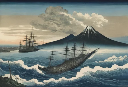 woodcut tokio bay 1865, big black steam powered battleship, gustave dore style, gustav dore clouds, hokusai waves, hokusai mount fuji in the background