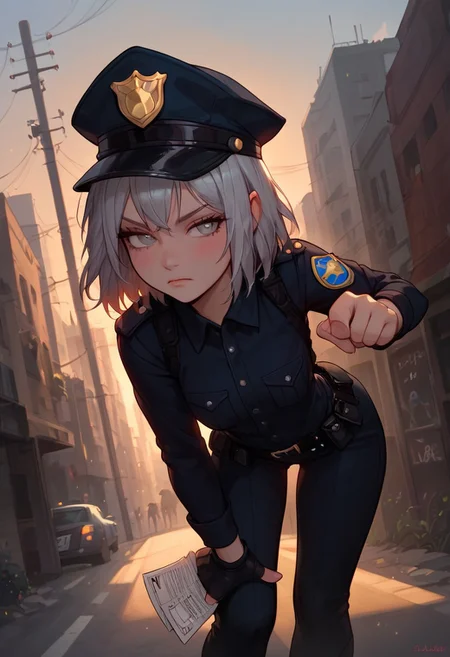 masterpiece, best quality, wallpaper, highly detailed, score_9, score_8_up, score_7_up, score_6_up, source_anime, (vivid colours), g0thicPXL,
BREAK.
1girl, blush, big ass,short silver hair, (messy silver hair), bangs,pale skin, medium breast, sexy face, glowing light,young, perfect body, fair skin, ((dark circles under eyes)), ((messy silver hair)),little happy, grey eyes,open eyes,(tired face), police outfit, police hat,police costume,angry pose, dynamic from, dynamic view,sexy pose,holding a note,dynamic pose,from behind, ass focus, (dutch angle),pov,bent over to issue a ticket to a car
BREAK
city background, graffiti,(street), ((police patrol in background)),outdoor, medium angle, fisheye cam