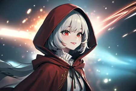 (masterpiece:1.4), 4K8K, (anime style), (high shutterspeed:1.4), (sharp edges), 
SyFyEye1, FanFo, upper body, 
woman leaning foward, smile, closed mouth, wearing red hooded cloak, linen dress, red eyes, 
(Detailed face, Detailed eyes, Detailed lips), (solo), 
Fantastic Forest at fantasy, Fantastic,