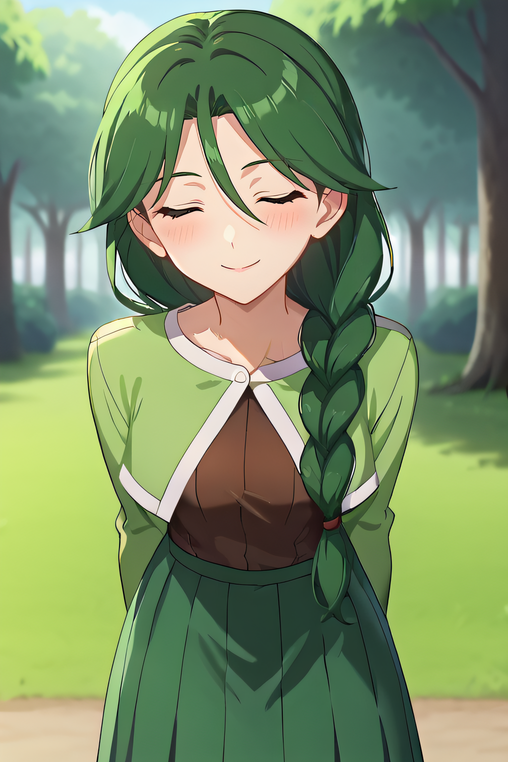 score_9, score_8_up, score_7_up, source_anime, rating_safe, intricate details, anime screencap, official style, 1girl, solo, <lora:PONY_Cheryl_v2:1>, cheryl, closed eyes, green hair, hair over shoulder, single braid, green jacket, brown shirt, long sleeves, green skirt, pleated skirt, long skirt, looking at viewer, outdoor, forest background, smile, bent over, arms behind back, blush