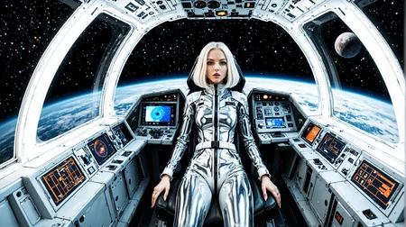 Lilly_Neph, 1girl, (style of Jean-Baptiste Monge, Fantasy Illustrations, Whimsical Creatures, Detailed Worlds, Soft Colors, Storybook Charm:0.9) BREAK (beautiful busty skinny british adult woman sitting in spaceship cockpit looking over shoulder at viewer:1.1), (cute face, over the shoulder:1.05), (movie still:1.05), side view, (spaceship cockpit:1.05), glowing holographic instruments, (beautiful face:1.051), from behind, smart fabric flightsuit:1.05, lightweight structured jacket with sharp geometric lines, utility belt, kneehigh boots, fingerless gloves, (large spaceship cockpit with highly polished flooring and stellar view), backlit hair, perfect face, feminine physique, (pale freckles:0.6), (black and silver accents), perfect eyes, low key, joystick++, thin pouting lips, (white++ bob hair, ombre tips:1.1), wide set soft+ turquoise++ eyes, skin pores, (small upturned nose:1.1), (pale skin), supernova, dramatic angle, eyelid shimmer makeup, silver eyeshadow, iridescent cheekbones, muted rose lips, deep space blue, (available light:0.7), BREAK, starlight silver, nebula pink, black hole black, planetary rings, asteroid clusters, geometric shapes, angular contours, Holographic control panels, chiaroscuro effects, reflective surfaces, starfilled skies, distant galaxies, shimmering surfaces, iridescent scifi materials, clean lines, modernistic details,