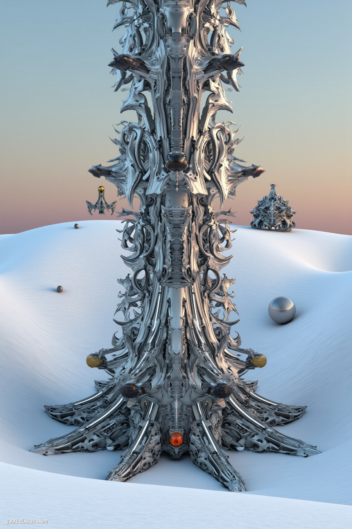 YFG-Durer, A 3D Rendered abstract of, sharp photo of a digital illustration of a futuristic cityscape. The focal point of the image is the tall, cylindrical structure that appears to be made up of multiple layers of metal and glass. The structure is covered in intricate patterns and designs, with a mix of different colors and textures. The top layer of the structure is made of a metallic silver material, while the bottom layer is made from a darker silver material.
The structure is surrounded by a vast expanse of white snow, creating a stark contrast between the two colors. The sky is a pale blue, with hints of orange and yellow, giving the image a futuristic and sci-fi feel. There are also several smaller structures scattered throughout the image, including a large spaceship, a smaller spaceship, and a larger spaceship. The overall mood of the illustration is one of awe and wonder at the vastness of the city.