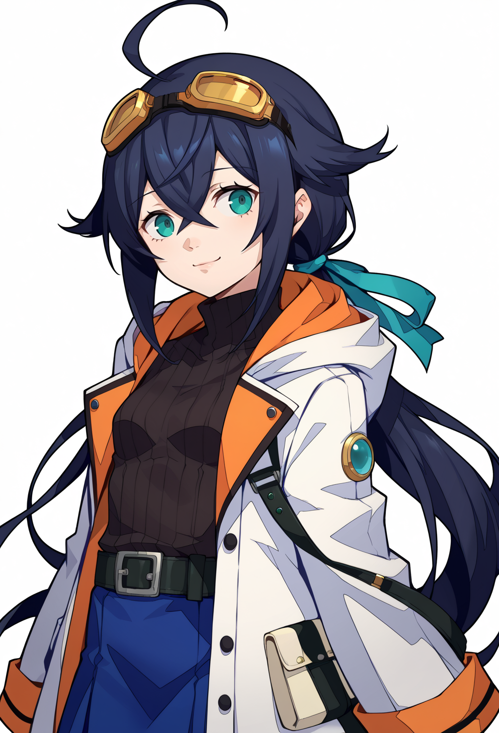 score_9, score_7_up, source_anime, BREAK <lora:zs_P3ReloadPortraitsXL:1> p3reloadportraits, portrait, white background,, smile, 1girl, teal eyes, (black hair:1.2), low ponytail, ahoge, absurdly long hair, hair flaps, hair between eyes, crossed bangs, small breasts, (goggles on head:1.2), hooded coat, open coat, black turtleneck, blue half-skirt, pants, black knee boots, multiple straps, white coat, layered clothes, blue hair ribbon, pants under skirt, belt, chest belt,
