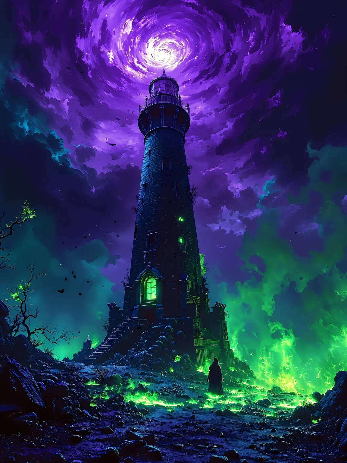 The old lighthouse in 'Nebulous Nightmare', engulfed by the deep purple swirling tendrils of darkness and despair, fluorescent green the screams of lost souls reverberating through the void <lora:MJvSX_Flux_LoRa_v1-000096:1.0>