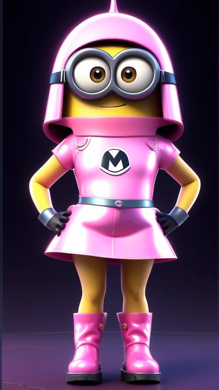fantasy, archaeology theme, <lora:MinionStyleXL:1.3> MinionStyle girl decked out in a holographic pink vinyl miniskirt and matching boots as a minion, 3D, pixar, CG