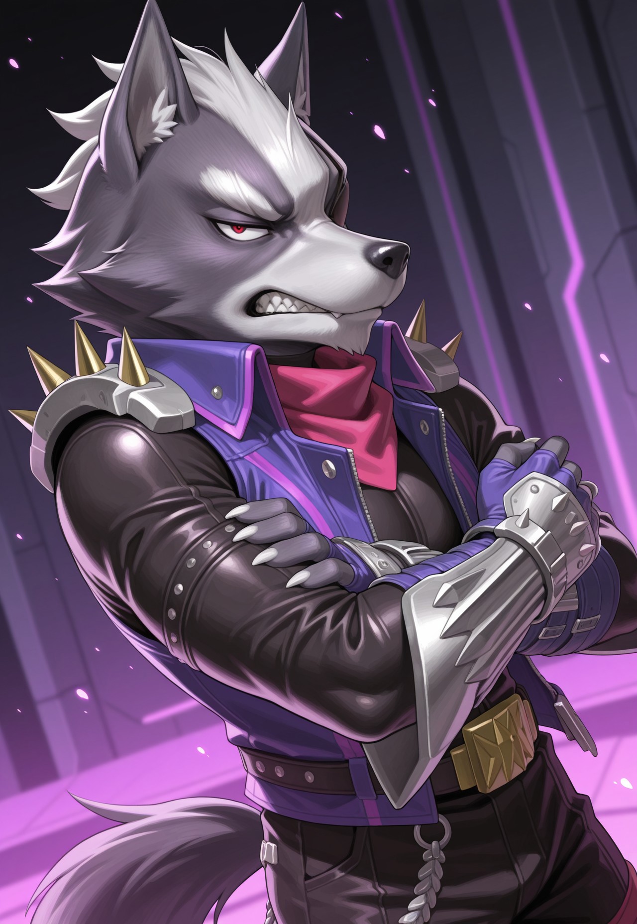 masterpiece, best quality,amazing quality, black outline, in spaceship, purple light, particles, blurred background, side angle, dynamic angle, solo, Wolf O'Donnell, Red Eye, Eyepatch On Right Eye, Pink Kerchief, Purple Sleeveless Jacket, Black Bodysuit, Purple Fingerless Gloves, Gold Buckle, looking at viewer, half closed eye, clenched teeth, anthro, mature male, arms crossed