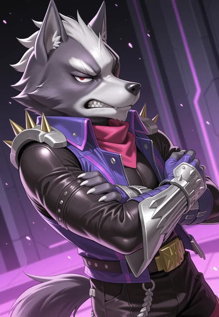 masterpiece, best quality,amazing quality, black outline, in spaceship, purple light, particles, blurred background, side angle, dynamic angle, solo, Wolf O'Donnell, Red Eye, Eyepatch On Right Eye, Pink Kerchief, Purple Sleeveless Jacket, Black Bodysuit, Purple Fingerless Gloves, Gold Buckle, looking at viewer, half closed eye, clenched teeth, anthro, mature male, arms crossed