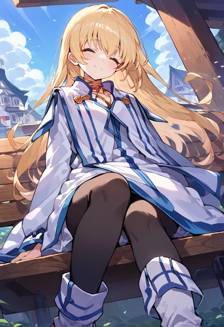 score_9,score_8_up,score_7_up,source_anime,zPDXL,wooden bench,sitting,smile,closed eyes,closed mouth,from below,
*//*,1girl,blonde hair,long hair,blue eyes,black pantyhose,white dress,white boots,(red jewelry:1.2),<lora:ColetteBrunel:1>,
looking at viewer,cowboy shot,dutch angle,dynamic pose,