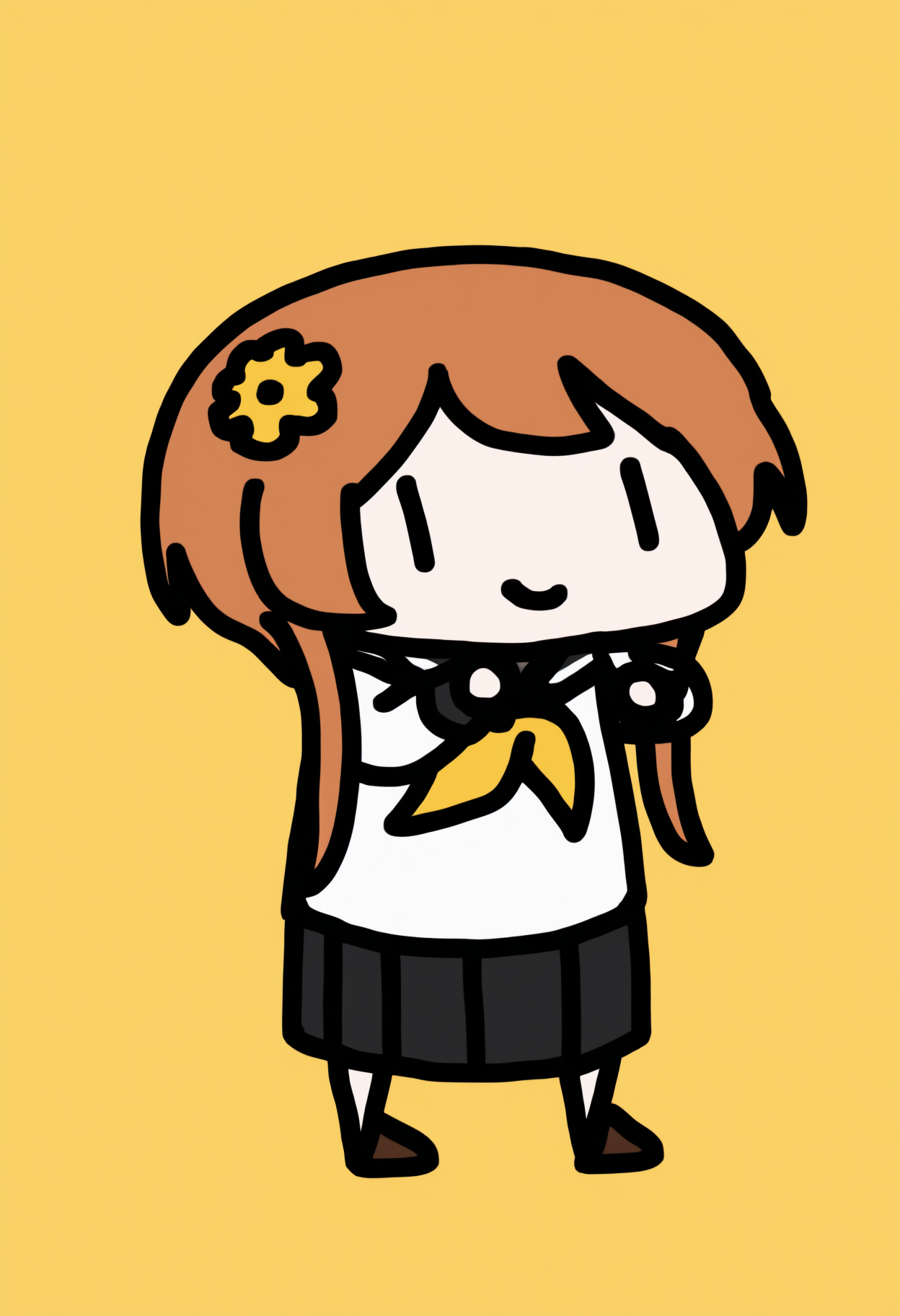 masterpiece, best quality, newest, chibi, full body, solo, 1girl, tach1bana, smile, standing, long hair, brown hair, hair flower, yellow flower, | |, serafuku, white shirt, black sailor collar, yellow neckerchief, long sleeves, medium skirt, black skirt, pleated skirt, loafers, simple background