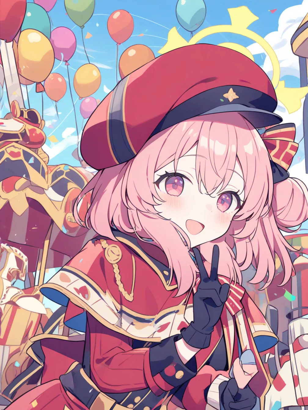 1girl,serina (blue archive),pink hair,official alternate costume,halo,solo,hat,single side bun,scarf,gloves,hair bun,pink eyes,looking at viewer,outdoors,open mouth,long sleeves,black gloves,beret,capelet,red headwear,smile,yellow halo,blush,upper body,red capelet,
v,
amusement park,carousel,balloon,day,
from side,
<lora:yume335_1-000038:1>,