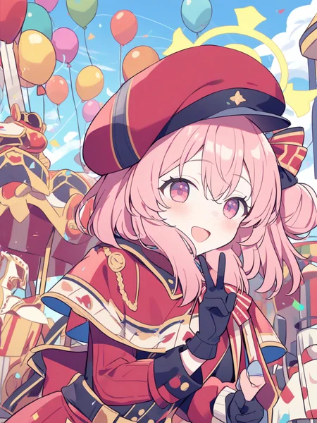 1girl,serina (blue archive),pink hair,official alternate costume,halo,solo,hat,single side bun,scarf,gloves,hair bun,pink eyes,looking at viewer,outdoors,open mouth,long sleeves,black gloves,beret,capelet,red headwear,smile,yellow halo,blush,upper body,red capelet,
v,
amusement park,carousel,balloon,day,
from side,
<lora:yume335_1-000038:1>,