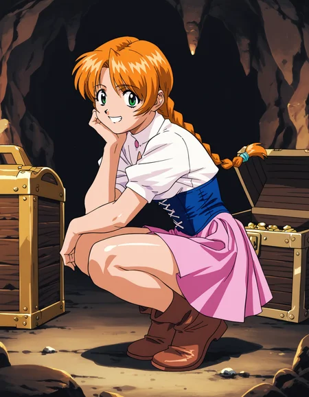 score_9,  score_8_up, score_7_up <lora:jota-extend-ponyxl:0.6> 1girl, solo, jota, green eyes, orange hair, twin braids, white shirt, short sleeves, blue corset, pink skirt, from side, squatting, treasure chest, happy, cave, dim lighting, retro artstyle