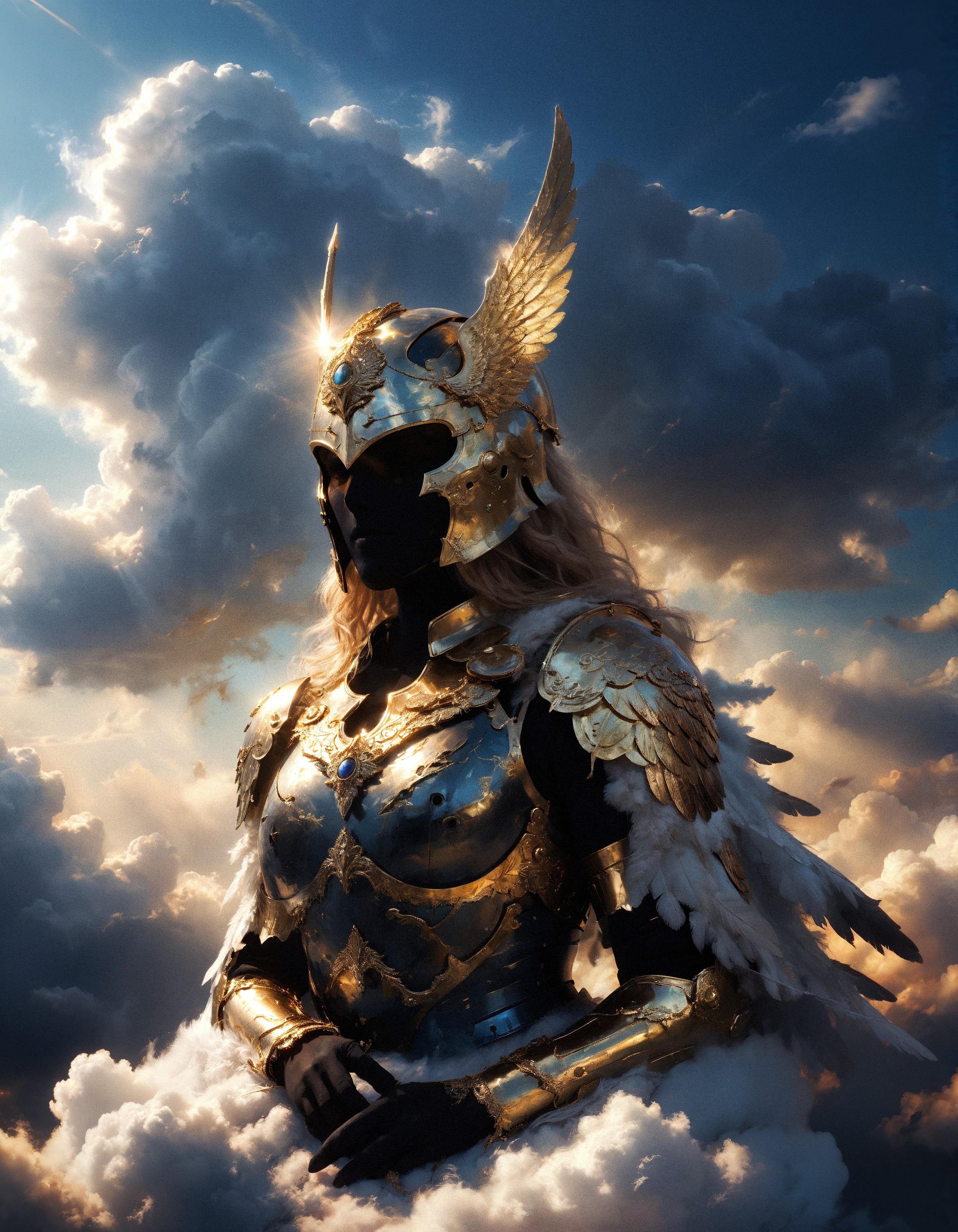 masterpiece, best quality, ultra-detailed,  solo, Valkyrie, Valkyrie helmet, black face, no face, veil, black grain, sitting on a cloud, feathered wings, medium hair, golden armlet, thigh strap, blue sky, (clouds), divine, light rays, light particles, chromatic aberration,