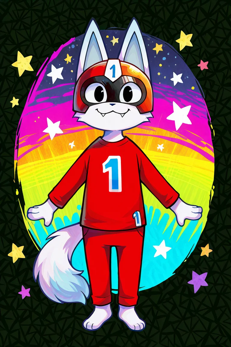 kCatIL, white fur, black eyes,, cat,happy, helmet, anthro, furry male, solo, 1boy, full body, sharp eyes, high quality,detailed face, detailed eyes, absurdres,standing,ynistyle, watercolor, fangs, cat, fluffy tail, long fluffy tail, red shirt, looking at viewer, abstract background, stars, colorful backgrounds, smile