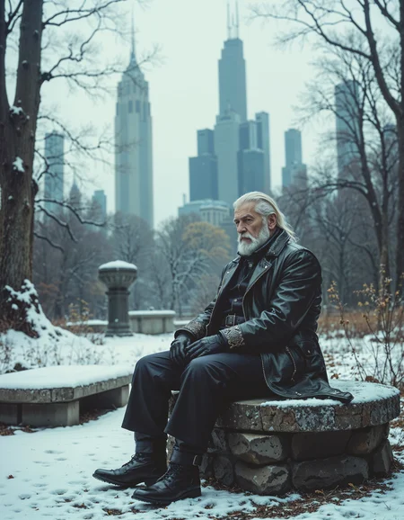 Cinematic scene of a dystopian cityscape with skyscrapers, industrial vibes, cloudy sky, snow on the ground, old man sitting on a bench in the park, wearing extravagant leather jacket, black pants, white beard, winter, dead trees,
luxurious and art deco while yet dystopian.
<lora:80s_Fantasy_Movie:1> ArsMovieStill, 80s Fantasy Movie Still