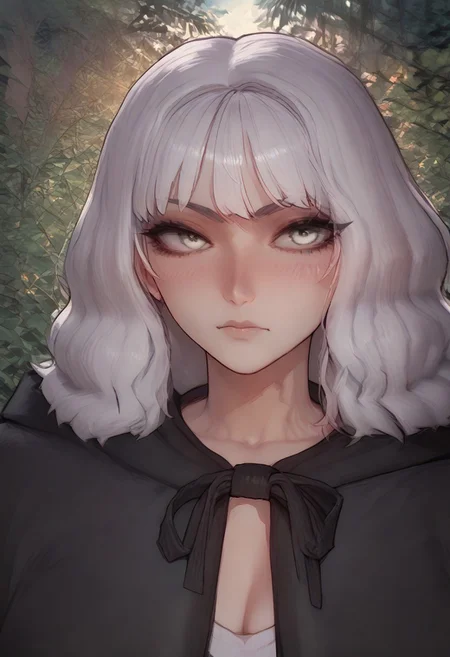 anime artwork, score_9, score_8_up, score_7_up, score_6_up, score_5_up, source_anime, masterpiece, best quality.
BREAK
drowsinue, grey corset, grey cape, white shirt, left arm, left hand on her own fac, grey hand on face, povcheekgrabbing, white hair, wavy hair, medium hair ((grey skin)), white eyes, serious, close up, <lora:Floox_Style:1>, detailed eyes, detailed hair, solo focus.
BREAK