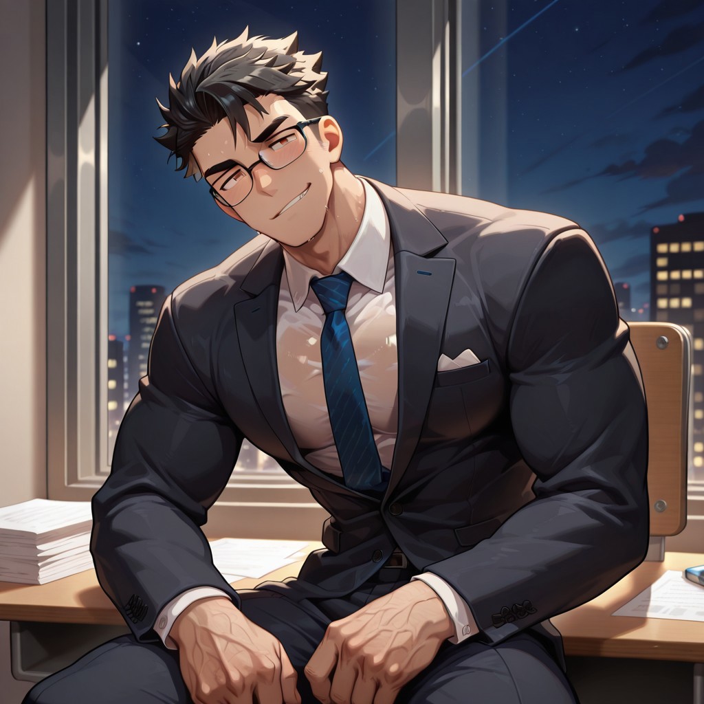 masterpiece, best quality, newest, absurdres, highres, male, bara, male focus, 1boy, muscular, v-taper, long torso, narrow waist,Rald, black hair, light brown eyes, suit, glasses, sitting, at desk, nighttime, low light, smirk, papers on desk, see-through clothes, tired, resting