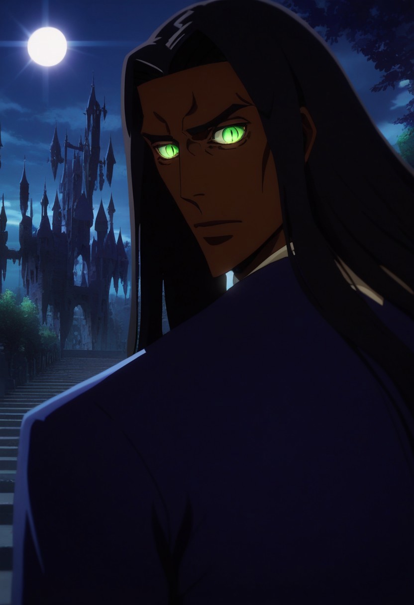 score_9, score_8_up, score_7_up, score_6_up, score_5_up, score_4_up, castlevania_(netflix), castlevania style, castl3van1a5tyl3, (olrox), (perfect face, perfect eyes), BREAK, 1male, long black hair, dark-skinned_male, dark skin,, eyelashes, bleach style, (green eyes, glowing eyes, slit_pupils), fancy clothes, castlevania style, light shining, rays of light, night, Outside at night, a walled village in the distance, towers, stone,AddXL, sm_an_stl ,source_anime, anime screencap, anime, animification