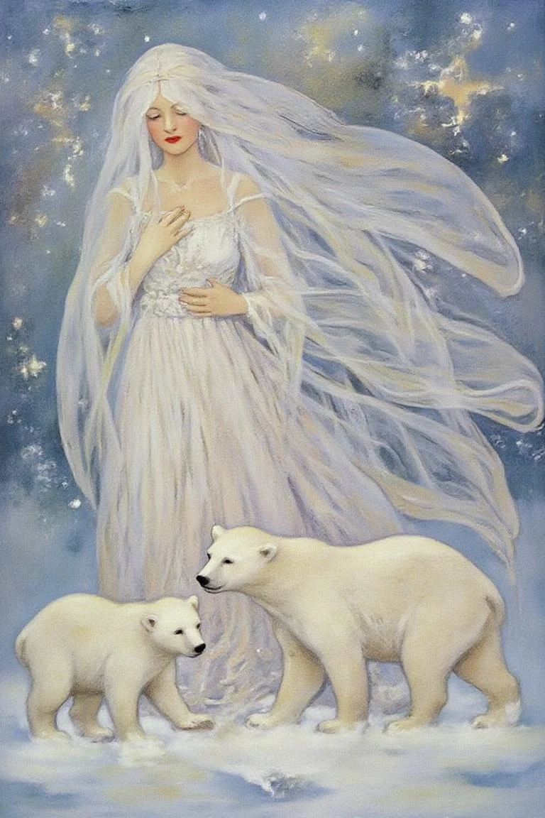 jessiewillcoxsmith1 illustration.
dulac1.
A Snow Queen with an ethereal appearance. She is dressed in a flowing, long white gown that seems to shimmer, possibly made of a translucent fabric or lace, giving it a delicate, ethereal quality. Her hair and face are obscured by a delicate, sheer veil that extends to the ground, adding to her otherworldly aura.
There are two polar bears walking alonside her.
<lora:jessiewillcoxsmith1_cap_d8a4e12:1.0><lora:850656674543844484:0>