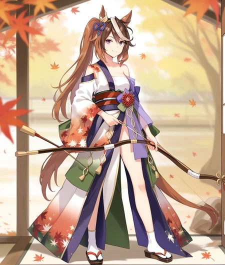 score_9, score_8_up, score_7_up, 2D, anime BREAK
archer_of_the_white_moon, 1girl, solo, long hair, breasts, looking at viewer, smile, bangs, brown hair, holding, animal ears, bare shoulders, closed mouth, standing, purple eyes, tail, full body, ponytail, weapon, white hair, multicolored hair, japanese clothes, kimono, off shoulder, holding weapon, official alternate costume, streaked hair, sash, leaf, obi, sandals, horse ears, horse girl, horse tail, sarashi, bow \(weapon\), arrow \(projectile\), tabi, autumn leaves, maple leaf, holding bow \(weapon\), single bare shoulder, chest sarashi, hadanugi dousa, <lora:symboli_rudoruf-ponyXL:1>,