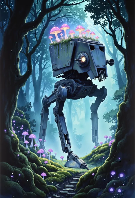 In the heart of an ancient, mystical forest, bathed in the eerie glow of a moon concealed behind thick, swirling clouds, strides a colossal AT-AT Walker, (STAR WARS). Its massive mechanical legs thunder across the moss-covered ground as it moves effortlessly through the landscape, its transparent body nearly vanishing in the vast expanse of stars above. The walkers form is translucent, barely visible against the endless cosmic canvas, with starlight piercing through its ethereal silhouette, casting a soft glow from within. The faintly shimmering Scout Walker takes on hues of deep blue and violet, refracting the distant starlight as it moves.
Soft, iridescent mushrooms, glowing faintly in deep purple and emerald hues, sprout from the back of the massive beast, casting brief flickers of light that dance across the shadows of the forest floor. Its eyes, luminous and full of ancient wisdom, gleam as they gaze out from the shifting form, reflecting the brilliance of distant galaxies.
The forest around it stretches endlessly, a labyrinth of twisted, ancient trees wrapped in dark, velvety moss, their branches reaching toward the sky like shadowed fingers. Hints of deep turquoise and dark purple swirl in the air, blending into the atmosphere, as though the entire realm is bathed in a palette of deep, enchanted twilight. The walkers silhouette moves gracefully through this dreamlike landscape, a serene giant in the midst of the cosmic night.