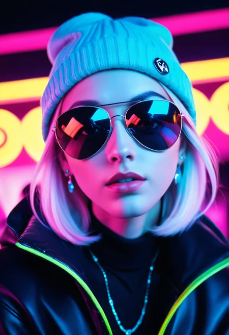 a beautiful photogrpah by David Bellemere,closeup, face focus, <lora:RSWMN-PN:0.8> alternative girl,22yo, watching over black sunglasses, jacket, necklace, neon light reflections on skin, ear ring, makeup, skin imperfection, cute hair, beanie, neon lights background, low light, depth of field, highly detailed, high contrast, film grain, Rim Lighting,