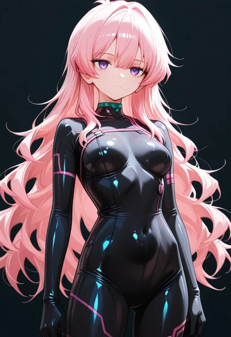 1girl, CivChan, purple eyes, pink hair, BLACK_BODYSUIT, EXPRESSIONLESS, simple background, solo, 1girl, tiny neon glass filaments, w0gf1l, masterpiece, best quality, absurdres,