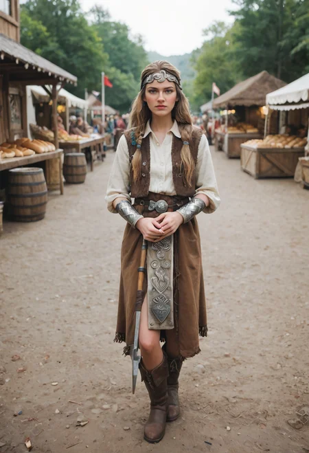score_9, score_8_up, score_7_up zPDXL3 (bonnie young woman:1.1) viking, wearing Norse huntress attire with fur-trimmed hide vest, linen tunic, hide bracers, fur leggings, hide boots, vendel helmet, axe and shield .set in viking village, Market Square, Busy hub with stalls selling goods from far-off lands, traders haggling over prices, the clang of metal from the blacksmith's forge, children playing tag among barrels and crates, the aroma of freshly baked bread wafting from a nearby bakery , at sunset zPDXLrl