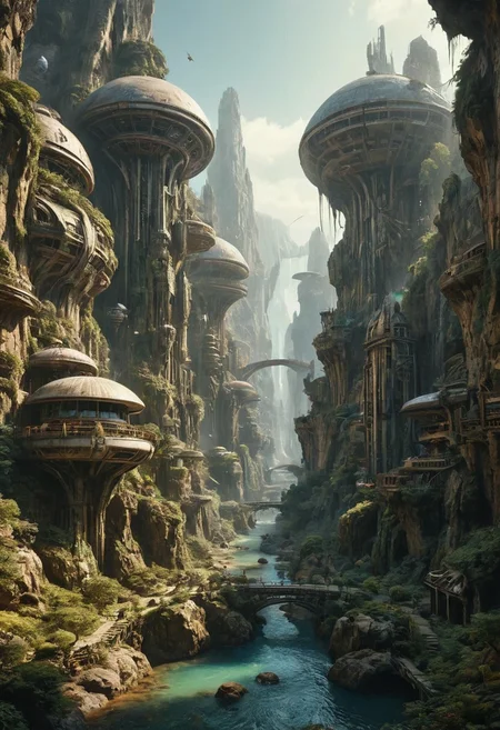 A grand, majestic 1960s retro-futurism space-opera city carved into a mountainside on a alien planet with intricate architectural designs. The city features multiple domed buildings, towering statues, and a large bridges connecting different parts of the city. The scene is set in a alien landscape with rocky cliffs and waterfalls, creating a sense of awe and wonder.