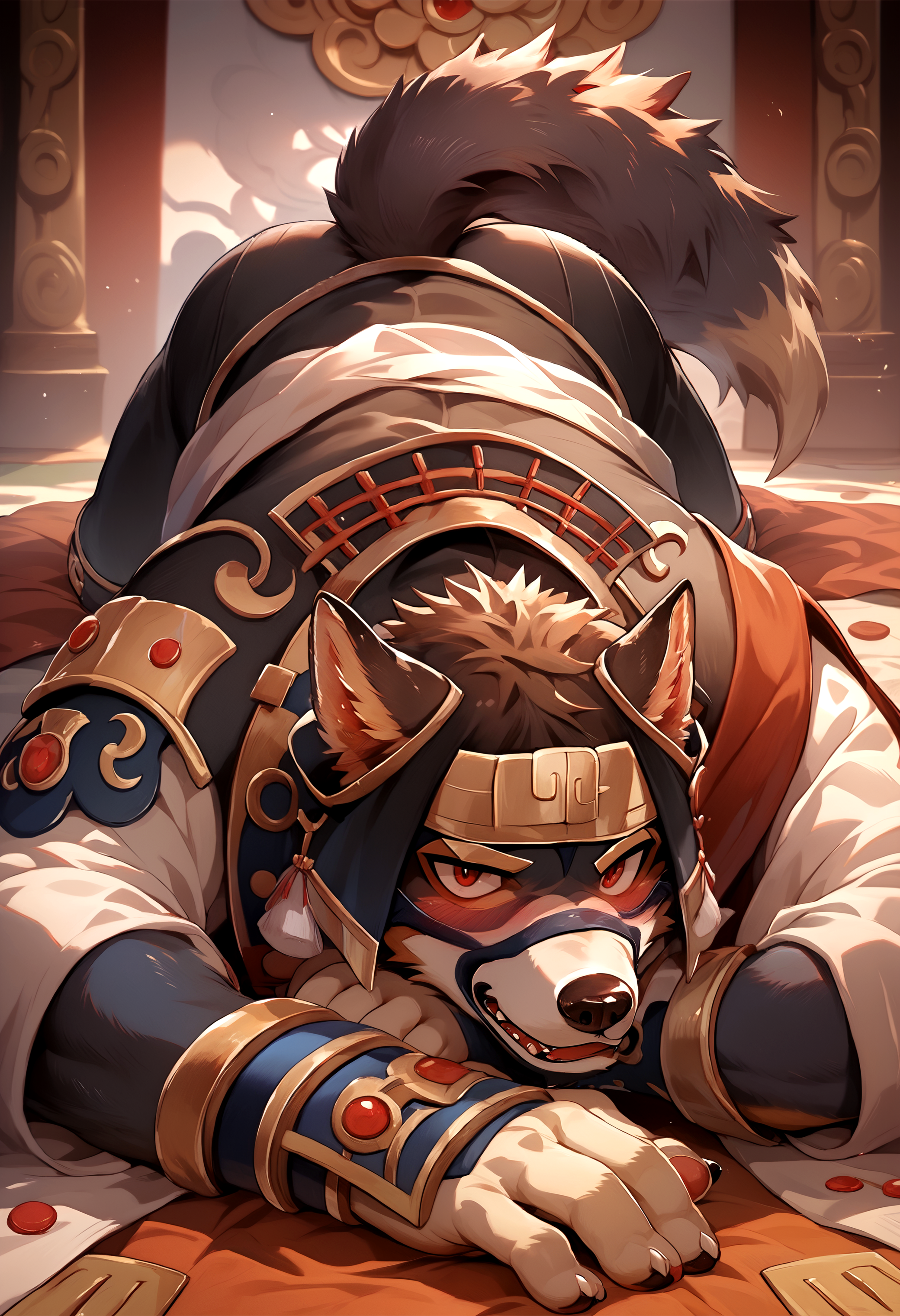 score_9, score_8_up, score_7_up, 8k, detailed design, detailed background, detailed characters, masterpiece, anthro only, furry only,  <lora:HanzoAnother_Eidos-000001>, Hanzo, 1boy, red eyes, dog boy, furry male, dog ears, japanese  dog tail, laying down, ass, looking at viewer, confident, blush,