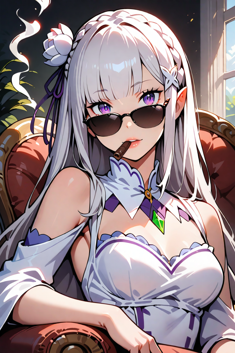 1girl, solo, emilia \(re:zero\), upper body, looking at viewer, smoking cigar, looking over eyewear, sunglasses, chaise longue, indoors, sidelighting, dark, masterpiece, best quality, very aesthetic, absurdres, re:zero kara hajimeru isekai seikatsu