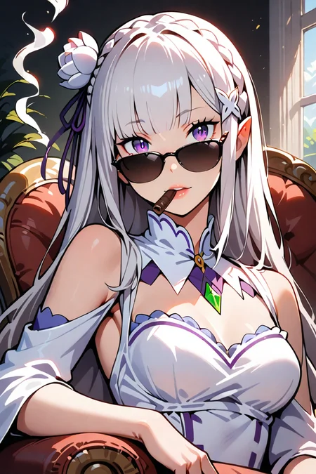 1girl, solo, emilia \(re:zero\), upper body, looking at viewer, smoking cigar, looking over eyewear, sunglasses, chaise longue, indoors, sidelighting, dark, masterpiece, best quality, very aesthetic, absurdres, re:zero kara hajimeru isekai seikatsu