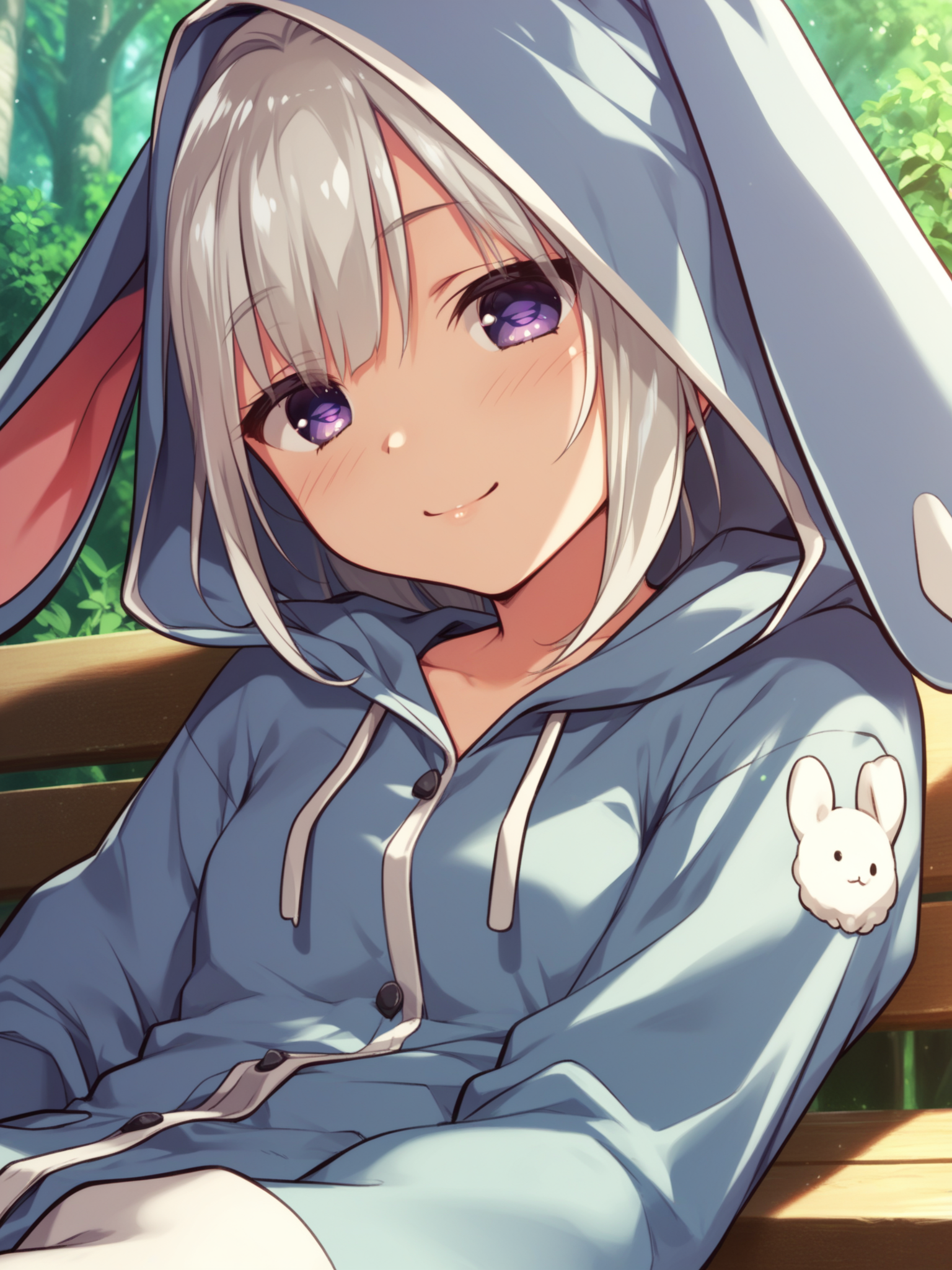 <lora:happy_tentacle-kuon-v0.2-000030:0.9>, ht_kuon, blue pajamas, animal hood, rabbit hood , outdoors, 1girl, solo, portrait , , ( smile :1.2), , looking at viewer , lying , from below , score_9, score_8_up, score_7_up, score_6_up, score_5_up, score_4_up
