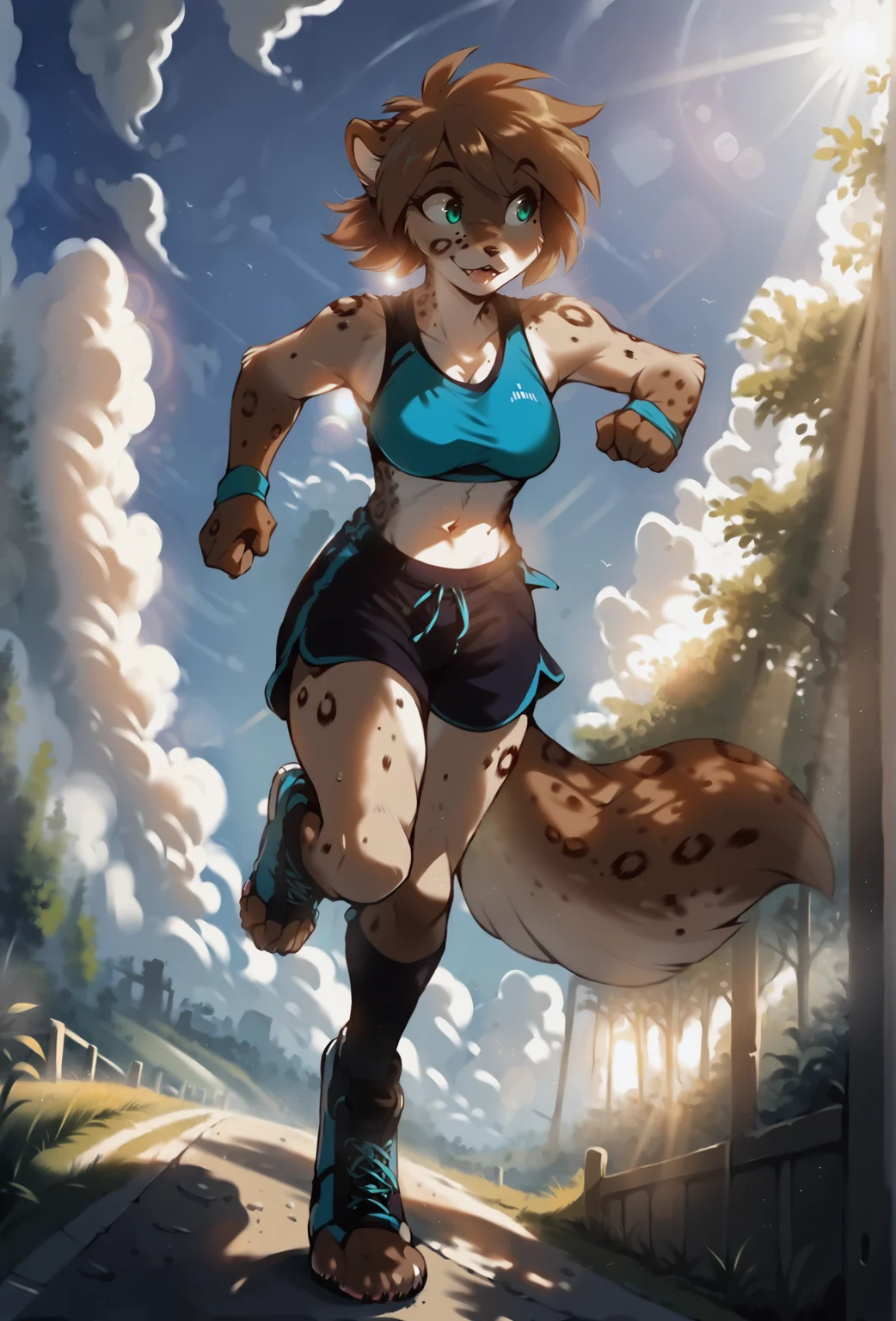 score_9, score_8_up, score_7_up, score_6_up, score_5_up, score_4_up, outdoors, depth of field, crepuscular rays, sunlight, cloud, riverbank BREAK
kathrin vaughan, 1girl, (eye reflection:1.3), detailed eyes, medium hair,sports bra, shorts, jogging, toeless footwear, shoes, full body <lora:kathrin_vaughan_ponyxl_r6_e10:0.95> BREAK
<lora:Anime Summer Days 2 Style SDXL_LoRA_Pony Diffusion V6 XL:0.75>