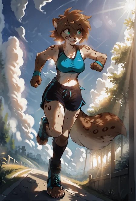 score_9, score_8_up, score_7_up, score_6_up, score_5_up, score_4_up, outdoors, depth of field, crepuscular rays, sunlight, cloud, riverbank BREAK
kathrin vaughan, 1girl, (eye reflection:1.3), detailed eyes, medium hair,sports bra, shorts, jogging, toeless footwear, shoes, full body <lora:kathrin_vaughan_ponyxl_r6_e10:0.95> BREAK
<lora:Anime Summer Days 2 Style SDXL_LoRA_Pony Diffusion V6 XL:0.75>
