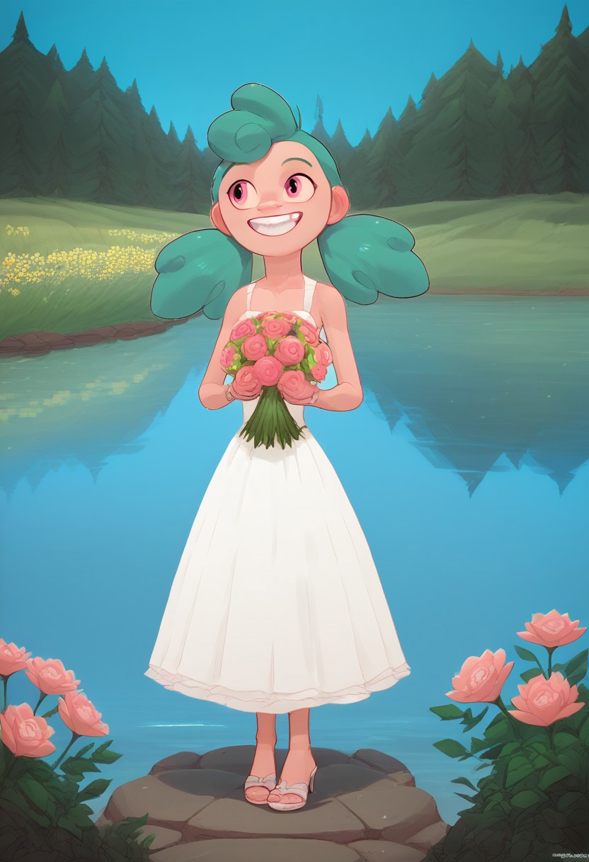 score_9, score_8_up, score_7_up, solo, 1girl,
turquoise hair, two pigtails, bright pink eyes,
happy, teeth smile, standing full body barefoot flat breast outdoors, lake, altar Wedding background, Wedding dress Wedding veil Wedding Ring high heels sandals holding Bunch of flowers