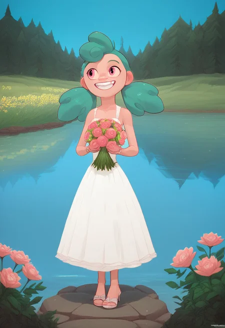score_9, score_8_up, score_7_up, solo, 1girl,
turquoise hair, two pigtails, bright pink eyes,
happy, teeth smile, standing full body barefoot flat breast outdoors, lake, altar Wedding background, Wedding dress Wedding veil Wedding Ring high heels sandals holding Bunch of flowers