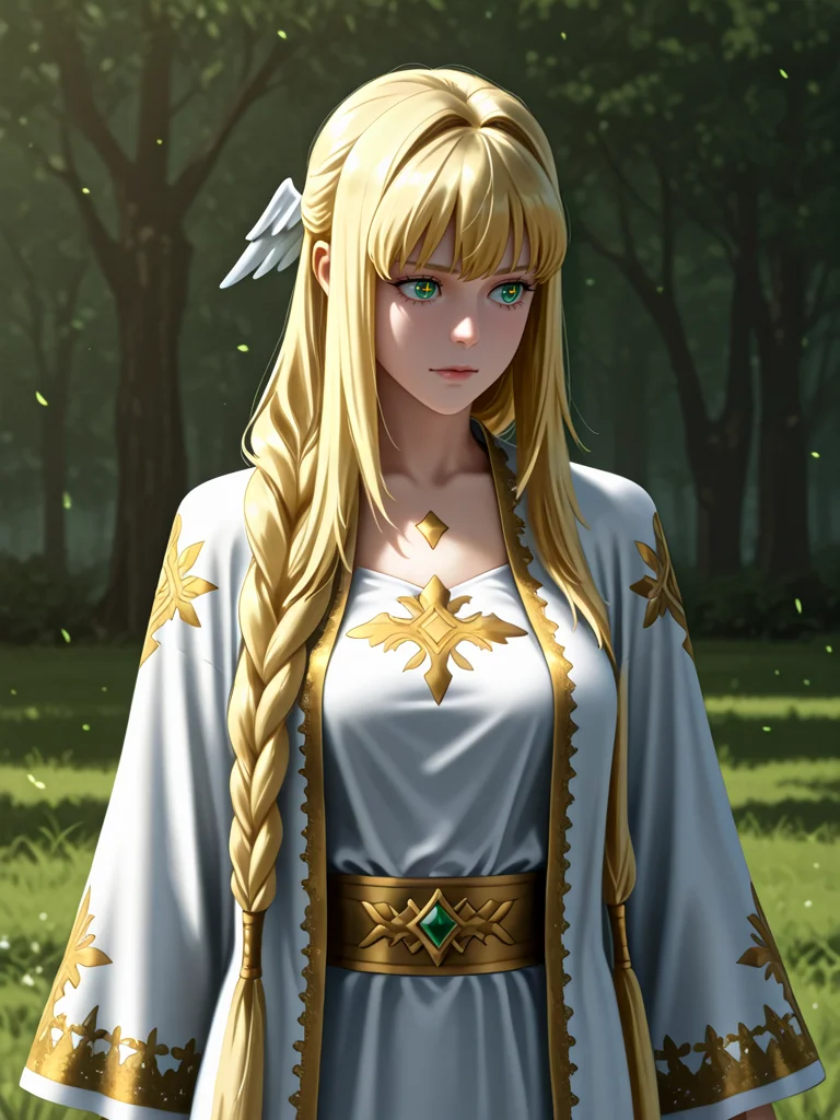 masterpiece,high quality,highres,absurdres,(<lora:Dolores Quovadis22:1>,1 girl,solo,long hair straight hair,blonde hair,thick braid,long braid,straight fringe,wing hair ornament,green eyes,cross pupils || Dolores_Quovadis_ceremonial,white ceremonial dress,long robe,gold embroidery,golden trim,wide sleeves,high waist sash),
midday brightness illuminating a grassy meadow, a healer gathering herbs for potions.,
<lora:Half_Art_Style_IL:1>,